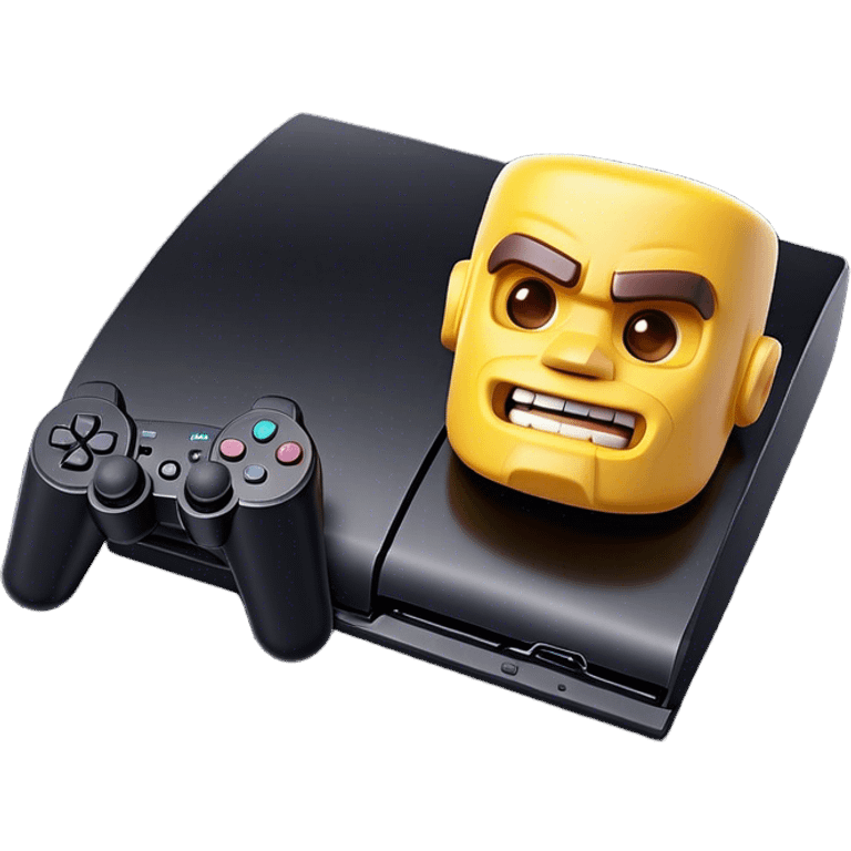 Clash of Clans aesthetic: Cinematic Playful PlayStation 3 Console Portrait Emoji, rendered in a 3D vector-style similar to standard emojis with minimal shading and bold, simplified shapes. A compact, distinct form with signature details, softly glowing with a cutting-edge console technology charm. Simplified yet unmistakably iconic, highly detailed and consistent, glowing with a soft radiance and high shine. Stylized with a touch of technological advancement and a soft glowing outline, capturing the essence of a beloved gaming relic with a friendly, playful manner! emoji