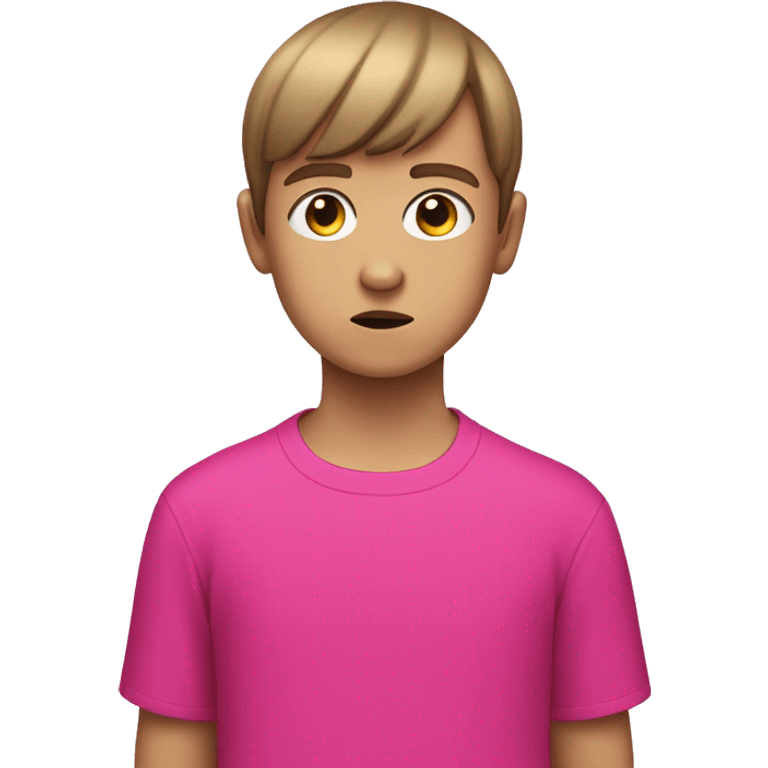 white boy Boy with a brown bowl-cut wearing bright pink clothes being sad emoji