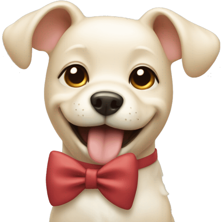 A cream dog smiling with a bow emoji