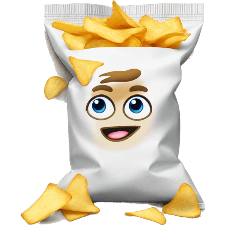 chips bag with declaration andlogo and eyes hands and legs and soes emoji