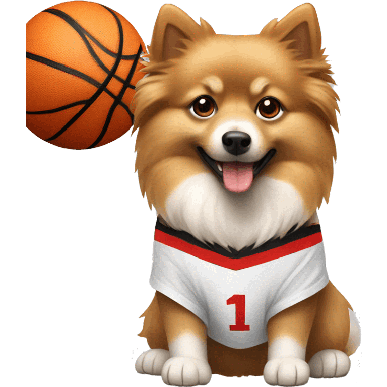 Light brown and white German spitz wearing a basketball jersey with a number one on it emoji