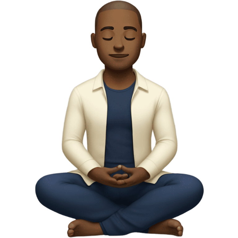 Light skinned man meditating sitting down with cream shirt and navy blue pants.  emoji