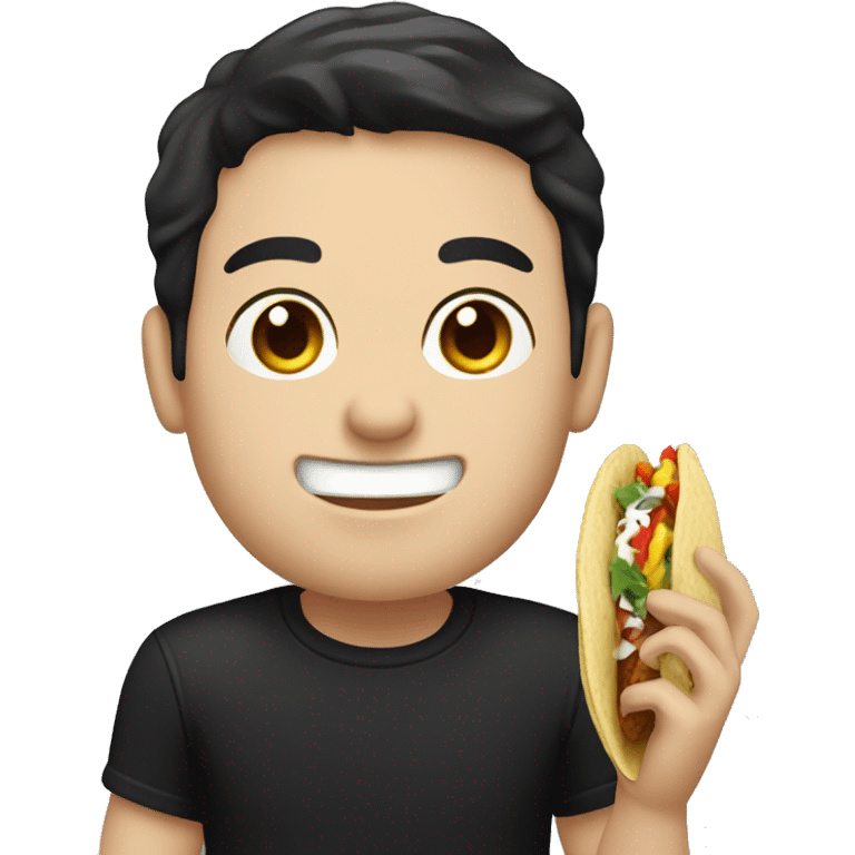 white guy with black hair and blue eyes, and black shirt on a eating taco emoji