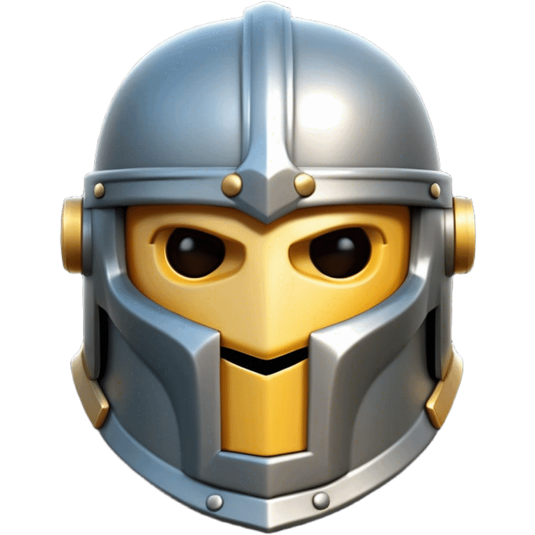 Clash of Clans aesthetic: Cinematic Playful Steel Helm Emoji, rendered in a 3D vector-style similar to standard emojis with minimal shading and bold, simplified shapes. A compact, isometric helmet crafted of shining steel with intricate engravings and a protective visor, softly glowing with a noble warrior charm. Simplified yet unmistakably iconic, highly detailed and consistent, glowing with a soft radiant gleam and high polish. Stylized with a touch of chivalric tradition and a soft glowing outline, capturing the essence of a stalwart battle helm with a friendly, playful manner! emoji