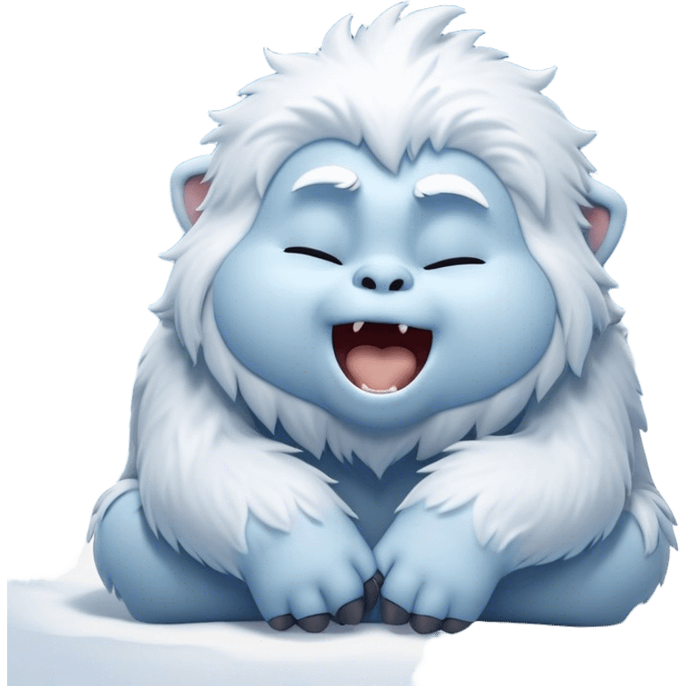 Cinematic Cute Yawning Yeti Portrait Emoji, with a charming, fluffy, snow-dusted figure in gentle whites and cool blues, head tilting back in a wide, endearing yawn with softly closed, peaceful eyes and a content little smile, simplified yet irresistibly adorable, highly detailed with a soft, frosty glow and outline capturing the serene slumber of a yeti! emoji