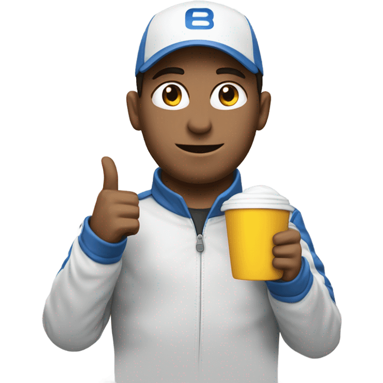 A fórmula 1 with a driver holding a cup emoji