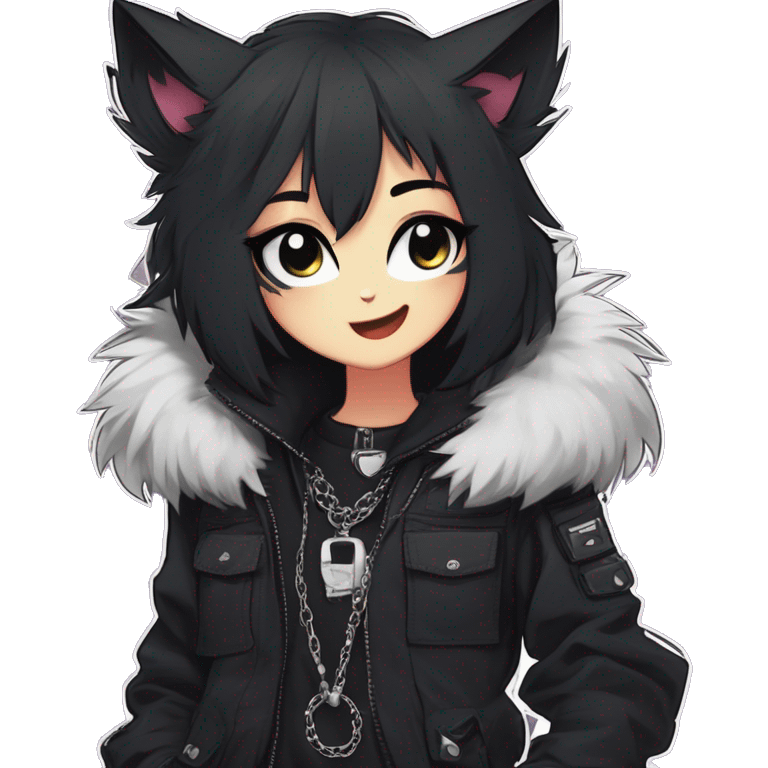 Gorgeous furry gothic dark techwear anime style anthro black cat furry sona Fakemon with blushing face aesthetic and pretty edgy black with collar and harness trending style chains cargo pants tomboy emoji