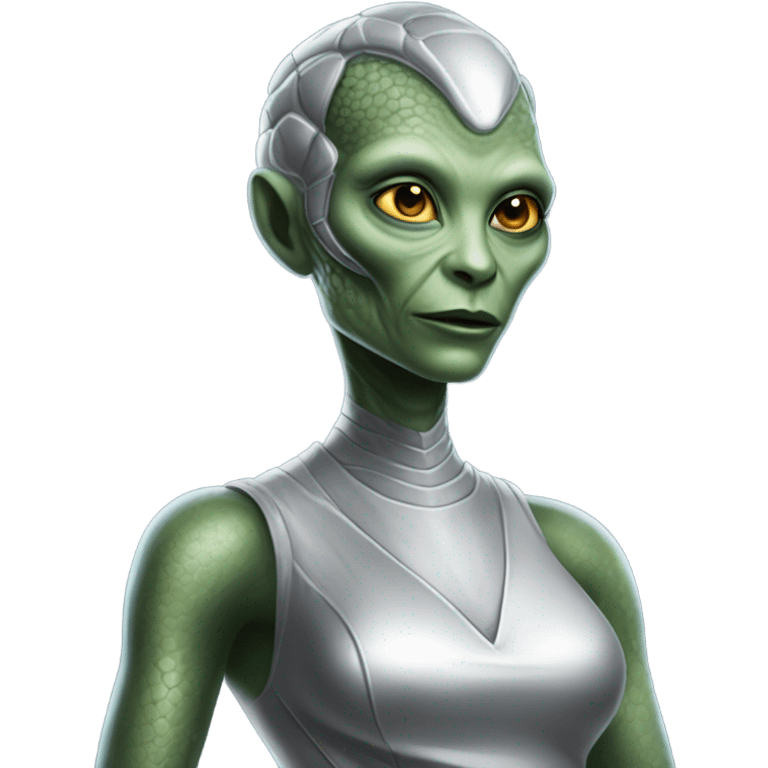 Alien reptilian woman in silver dress, working emoji