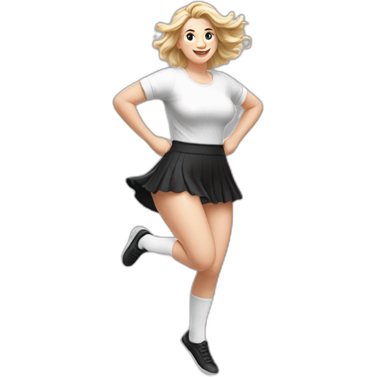 realistic full body caucasian curvy beauty jumping short black skirt back and front views strong wind white knickers long white socks emoji