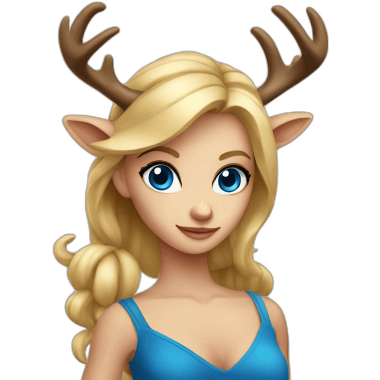 blonde girl dancer with blue eyes, have one big horn of deer in her right hand emoji