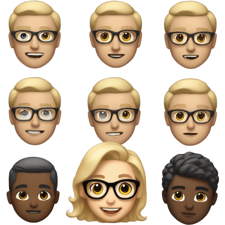 Realistic Memoji, blonde hair, black glasses, light skin, white shirt, black tie, professional look, subtle smile, Apple Memoji style, clean aesthetic, smooth gradients,  emoji