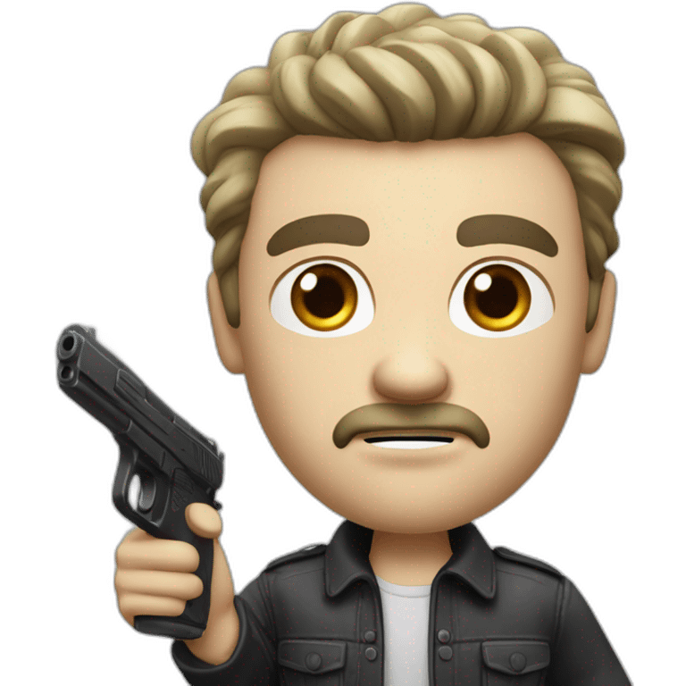 angry white man with split black hair and tiny black mustache pointing realistic toy gun a emoji