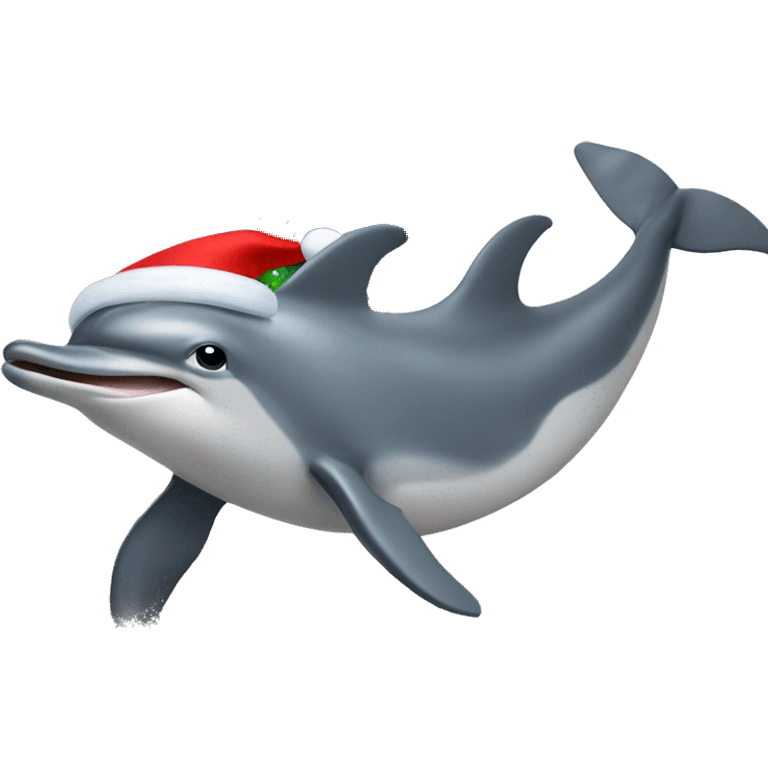 Dolphin riding a wave holding a Christmas tree emoji