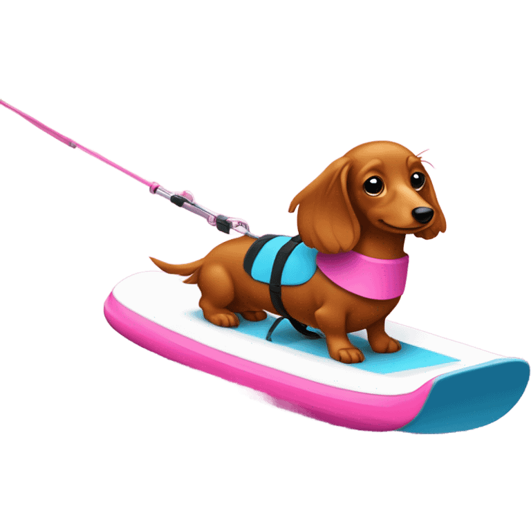 Long haired miniature dachshund red colour with pink collar on waterskis emoji