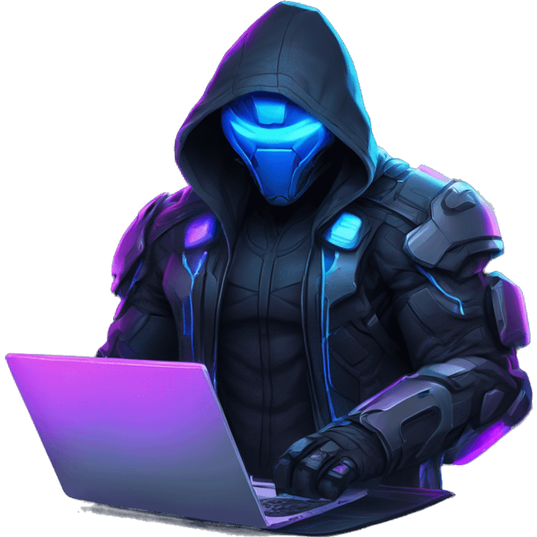 developer behind his laptop with this style : crysis Cyberpunk Valorant neon glowing bright blue character blue black hooded assassin themed character emoji