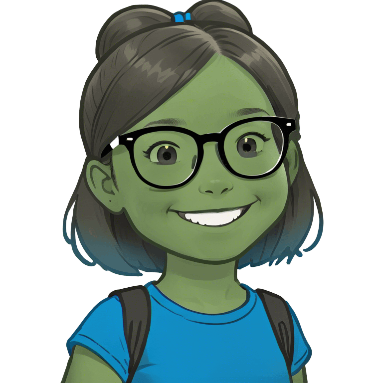 Little Girl, white skin, bronze hair smile tutor black frame glasses, bright blue t shirt emoji