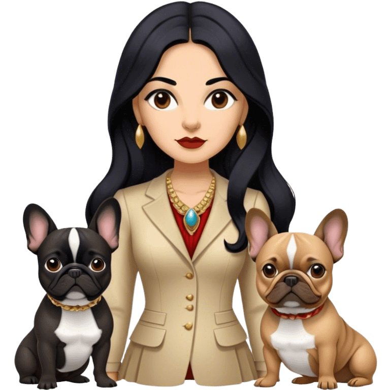 latin woman in fancy clothes with long black hair standing alongside two French bulldogs  emoji