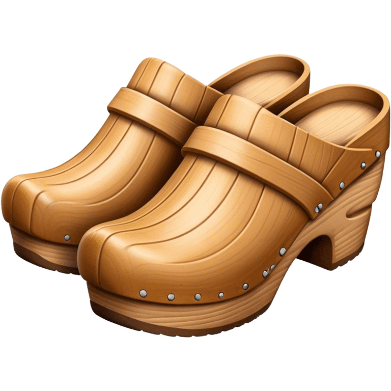 Cinematic Realistic Wooden Clogs Emoji, depicting the classic handcrafted footwear with a smooth, curved design and sturdy wooden soles, rendered with rich textures and warm, natural lighting. emoji