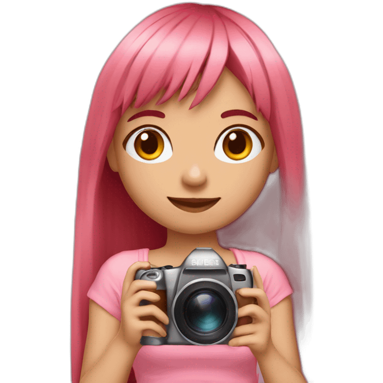 girl with long, straight rose hair and fringe and holding camera and wearing pink bralette emoji