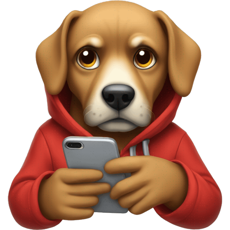 A moody looking dog looking down at his phone wearing a red hoodie  emoji