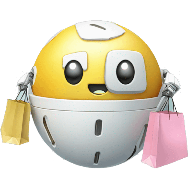 cute white floating spherical happy robot with floating shopping bags emoji