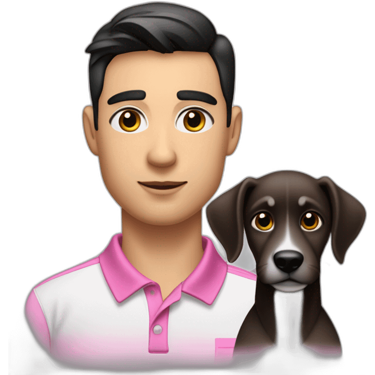 young handsome man with straight short dark hair and dark eyes with large eyelashes and plump pink lips protruding cheekbones in a sports polo shirt with a dog emoji