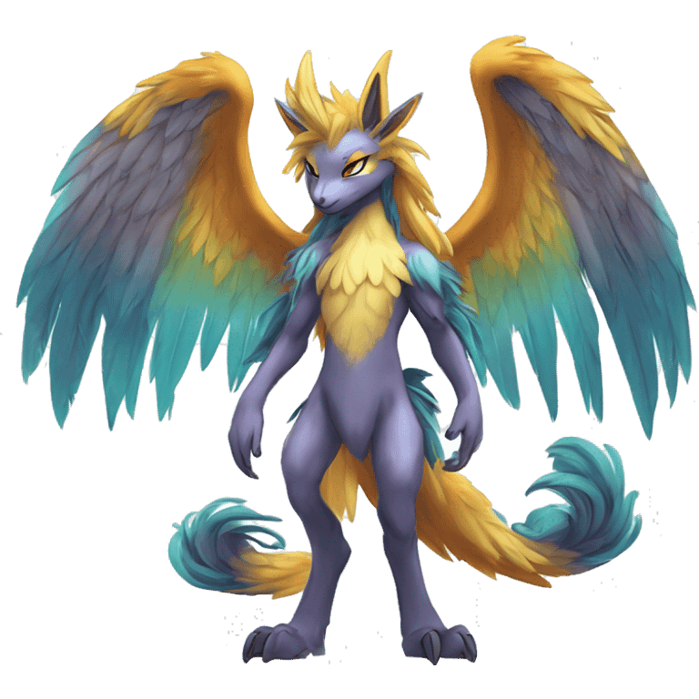 Anthro Sona Cool Edgy Cute Legendary Colorful Shy Winged Shiny Fakemon-Fantasy-Creature With Long Hair-Mane Full Body Detailed High Quality emoji