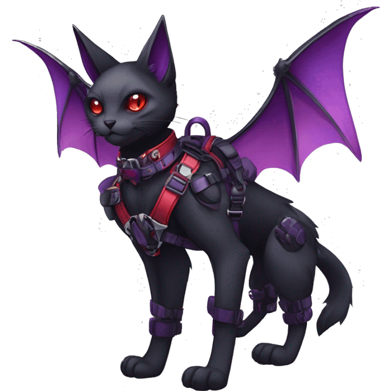 cool kawaii edgy evil techwear black purple red ethereal fantasy beautiful elegant nargacuga-bat-cat-Fakemon wearing legs spats a collar harness with jewelries full body emoji