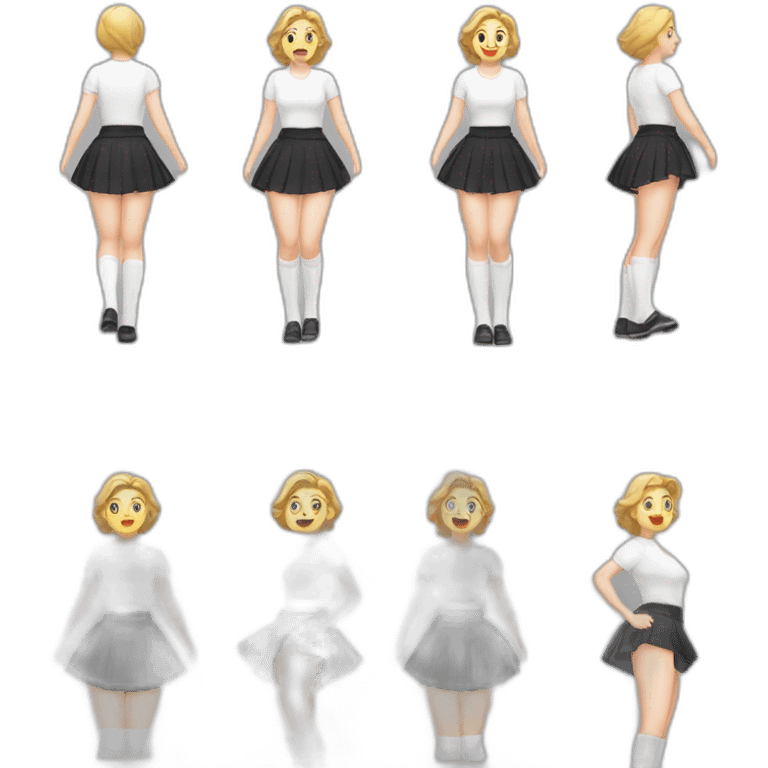 alistic-full-body-caucasian-curvy-beauty-jumping-short black-skirt-back-and-front-views-strong-wind-knickers-long-white-socks emoji