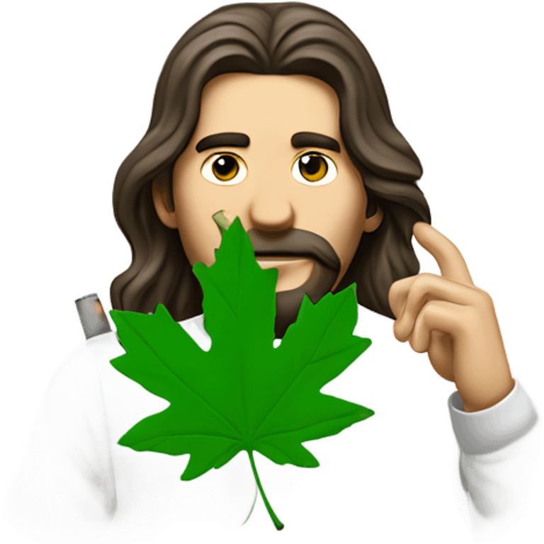 long haired man smoking a backwoods filled with green tobacco and has a shirt on with a green maple leaf  emoji