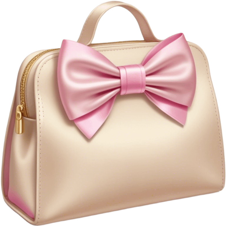 beige cosmetic bag with cosmetics sticking out and a pink bow emoji