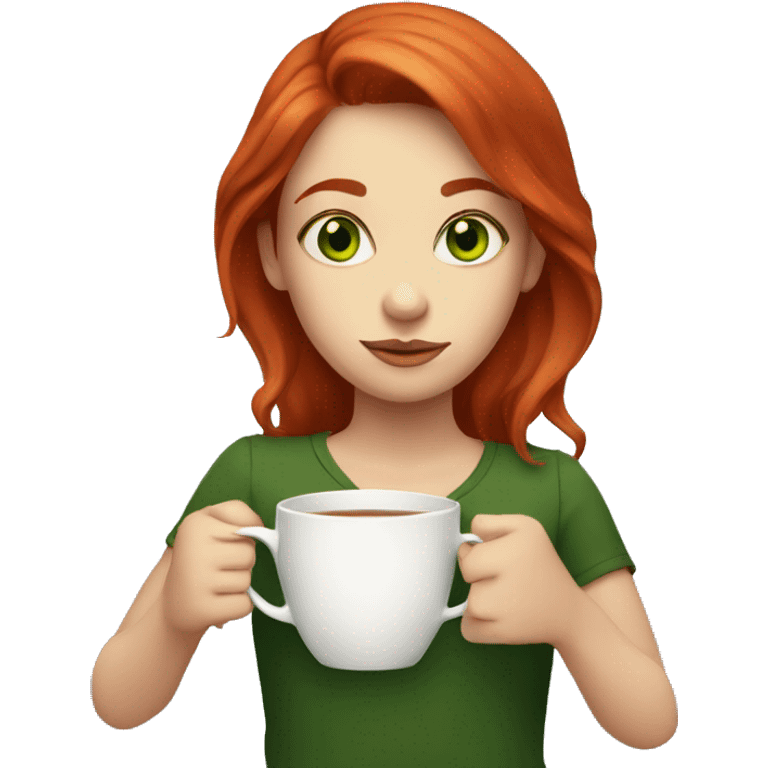 a girl with green eyes and red hair holds a mug of tea emoji