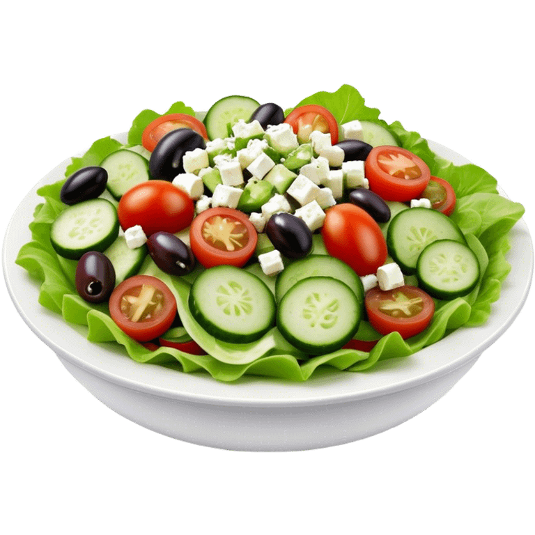 Cinematic Realistic Greek Salad Dish Emoji, depicted with crisp lettuce, tomatoes, cucumbers, olives, and feta cheese rendered with vibrant textures and fresh, natural lighting. emoji