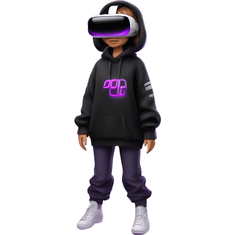 Russian girl wearing black hoody with violet letters "OMG", in vr headset oculus quest2. Standing like jedi. Cyberpunk style. Violet neon. emoji