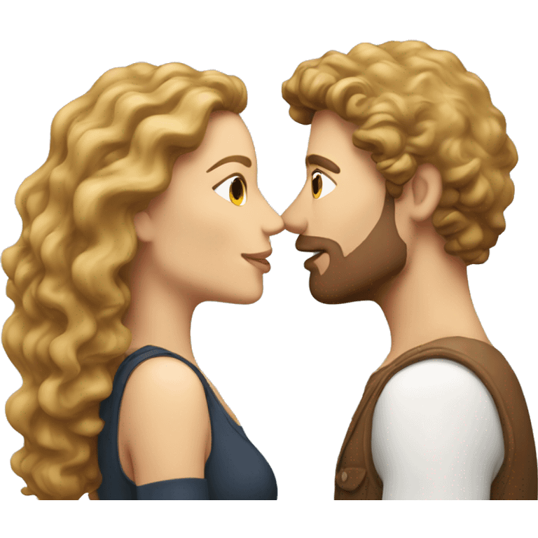 Couple kissing woman with long curly brown hair the man with short blonde hair emoji