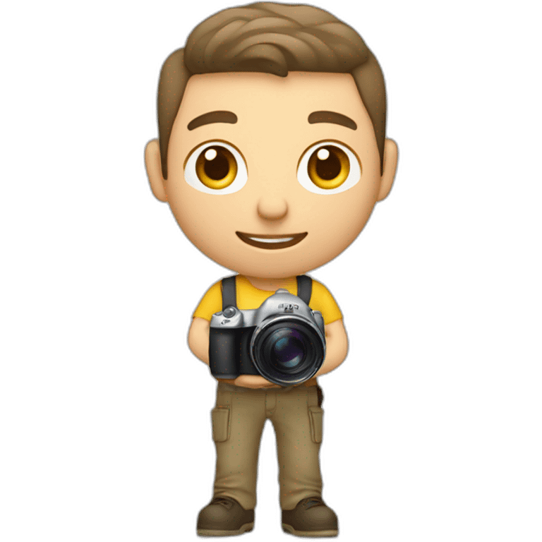 Male Photographer shaved Caucasian wavy hair brunette holding camera emoji