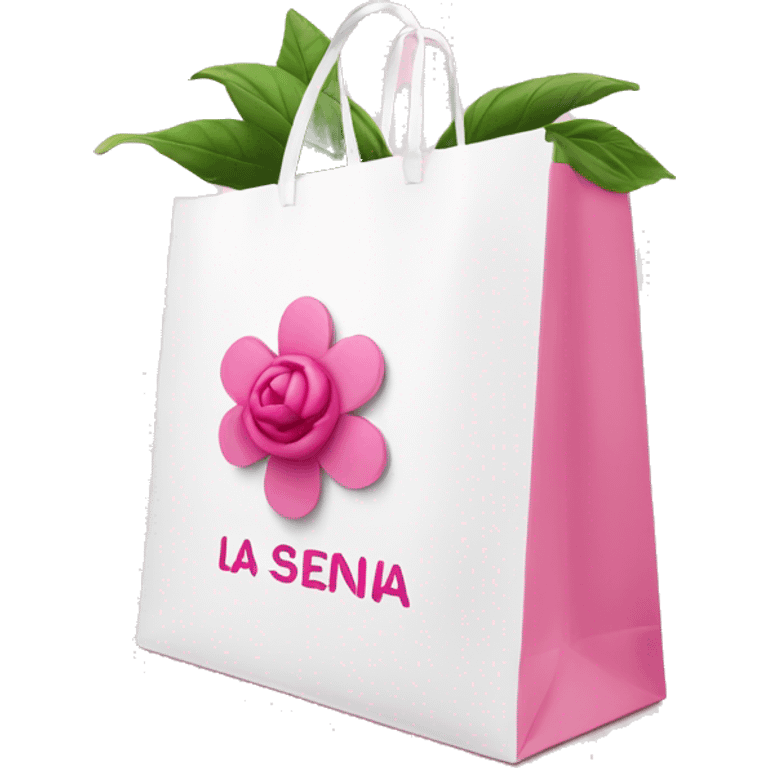 White shopping bag with pink text that says La Sienna in pink with one pink flower  emoji