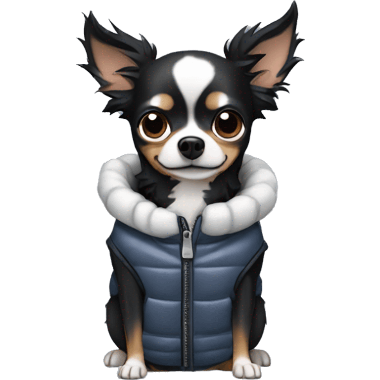 All Black chihuahua Chinese crested mix wearing a puffer vest emoji