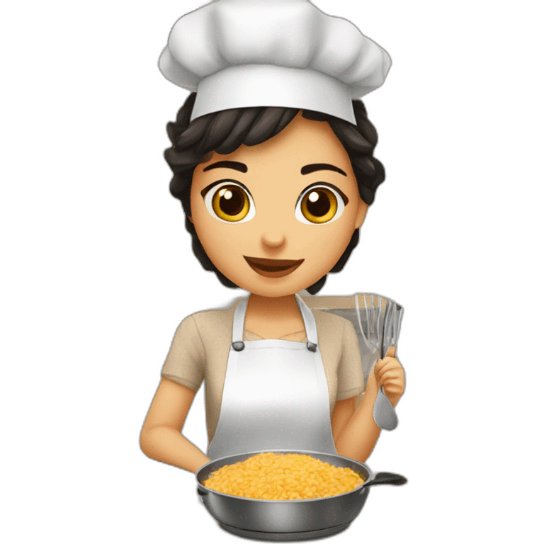 petite girl dark hair cooking risotto with norwich terrier emoji