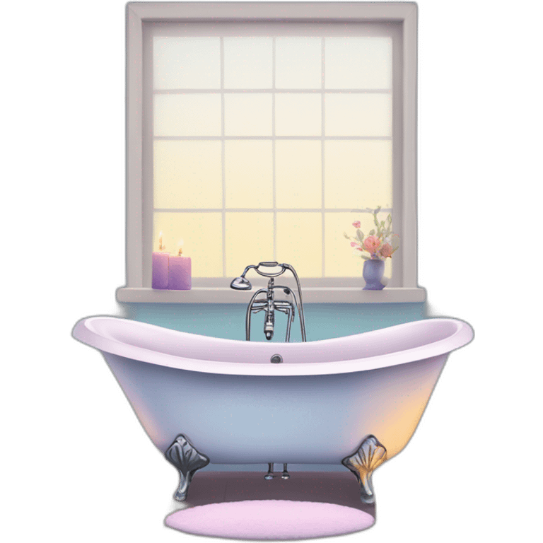 Create a serene image of a claw-foot bathtub filled with sparkling, magical water, surrounded by candles and flowers, in a tranquil bathroom. emoji