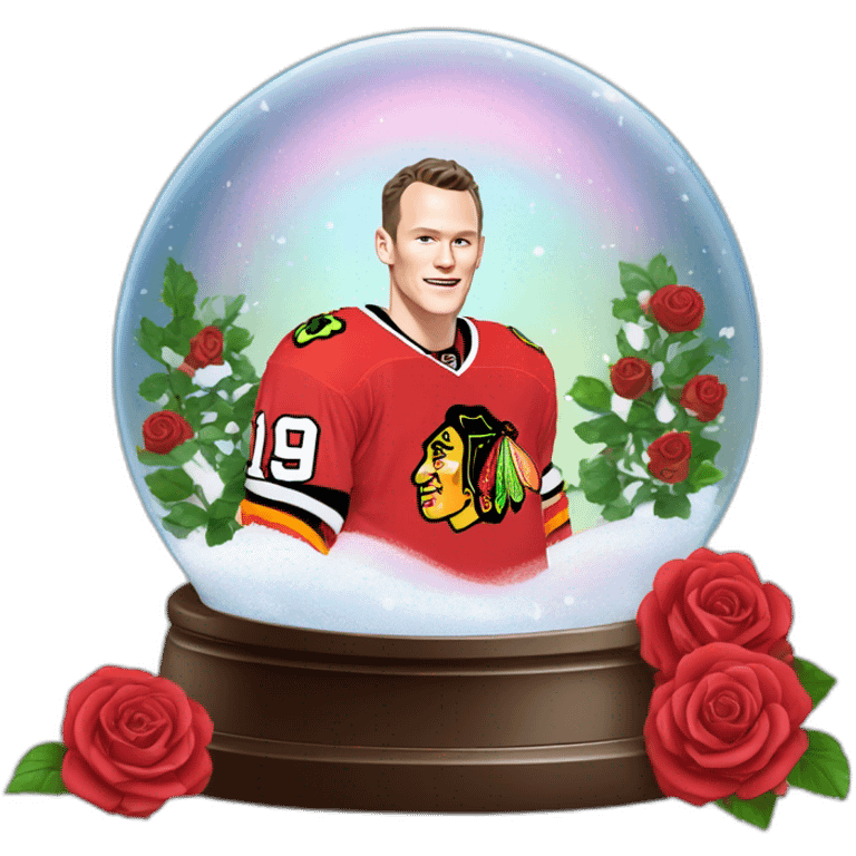 Jonathan Toews inside a rainbow snow globe with roses emoji