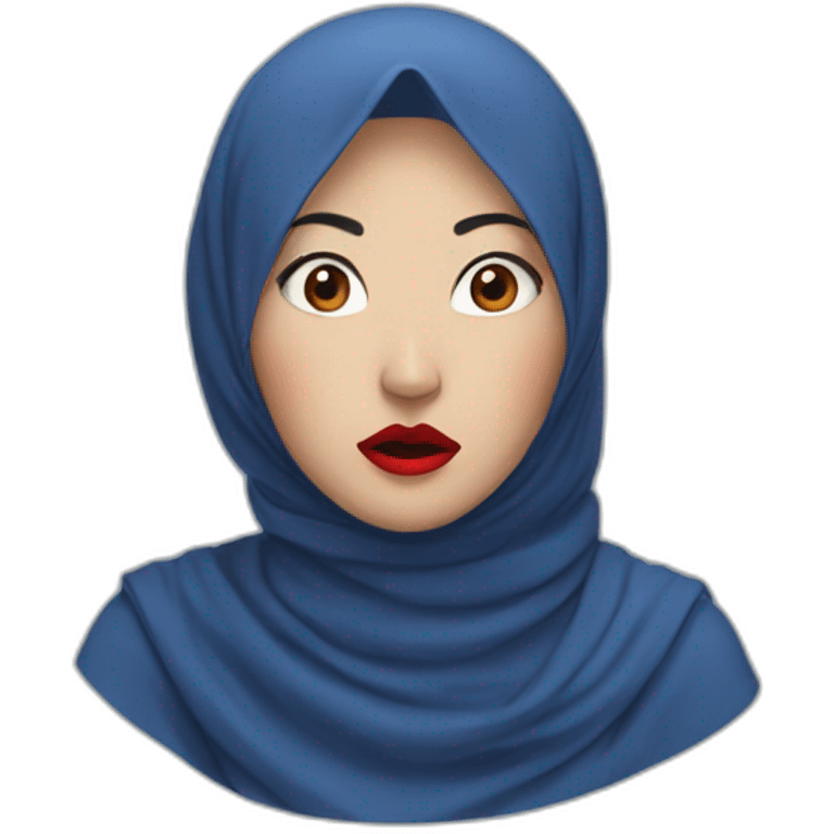 Asian women wearing blue indigo hijab with red lipstick with shocked face emoji