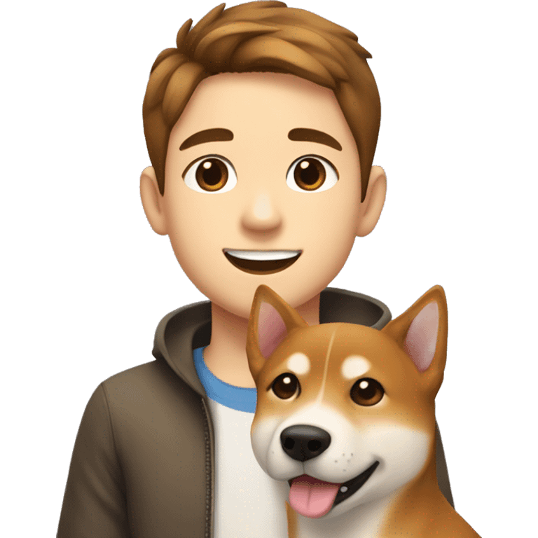  boy with brown hair with brown eyes and wide brows 12 years smiling and hugging dog shiba inu  emoji