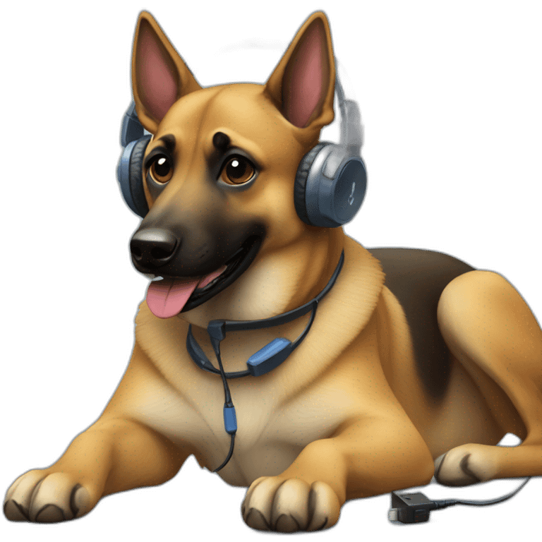 malinois dog with headphone and PlayStation controller emoji