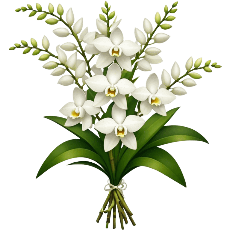 big bouquet white Dendrobium Orchid, stem, leaf emoji