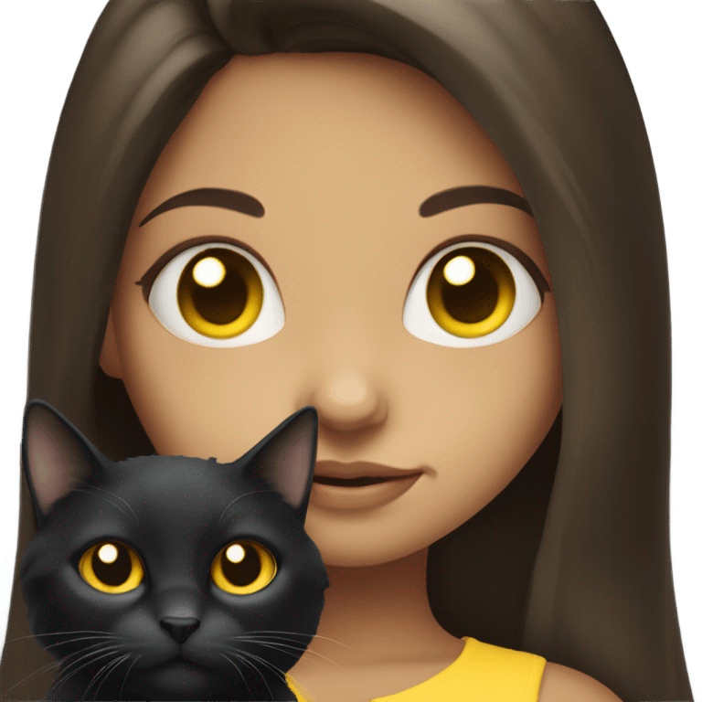 Long haired brunette blue eyed girl holding a yellow eyed black cat emoji