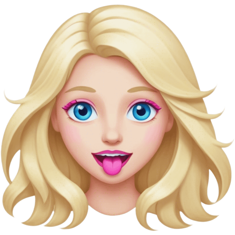 Cinematic realistic blonde with long hair, blue eyes and pink lips, rejoices emoji