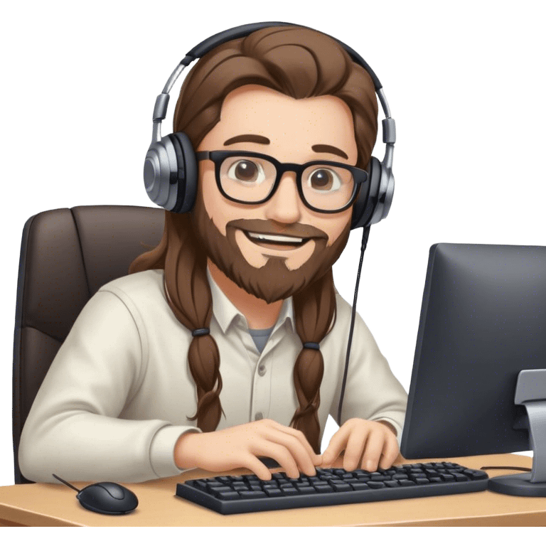 white man with long brown hair, glasses, headphones and beard sitting at a computer with a mouse and keyboard, smiling emoji