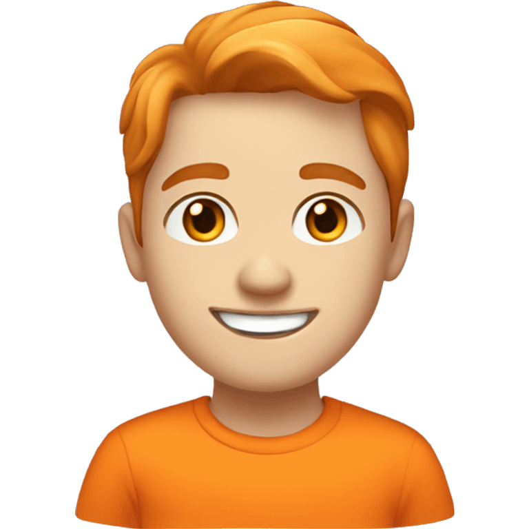 a young white person with light skin, orange-brown hair, blue eyes, and noticeable acne is wearing an orange shirt and smiling slightly emoji