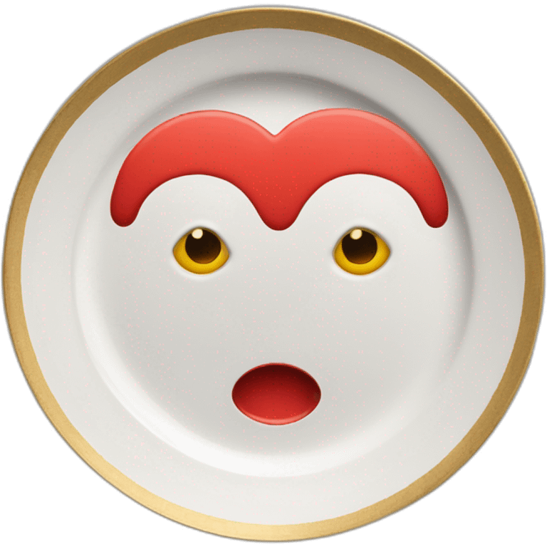 plate with a red heart with eyes drawn on it like “comme de garçons” and also with gold emoji